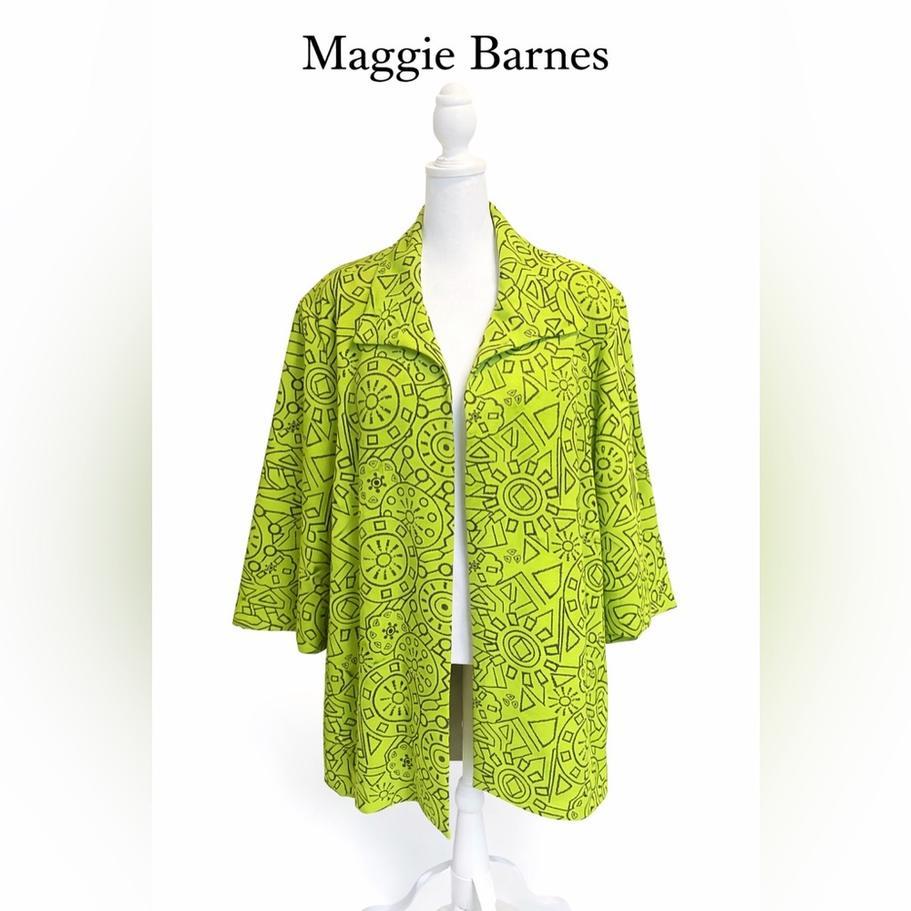 VTG Maggie Barnes Green & Brown Geometric Open-Front Jacket | Size 2X